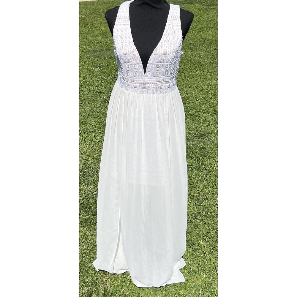Ark & Co. Dress Womens Large White Deep V Lace‎ Fit & Flare Maxi Formal Gown
